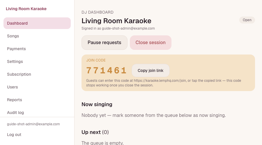 Dashboard showing an open session with a join code panel displaying a 6-digit code and a Copy join link button