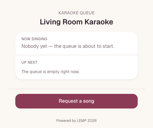 A guest's view of the event queue after joining, with a Request a song button