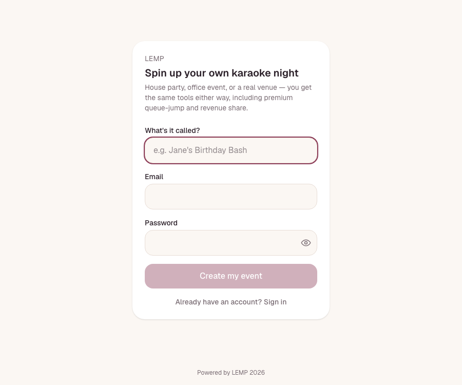 The host signup form, with fields for event name, email, and password